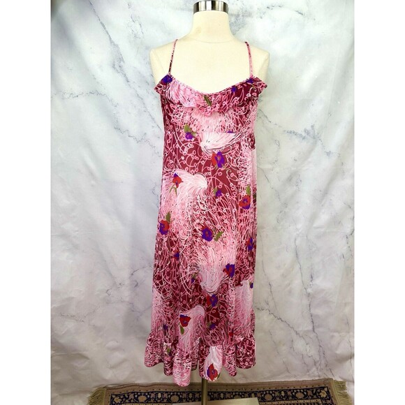Vintage Vanity Fair Mod Slip Dress 38 L Retro Pink Floral Nylon Whimsical Ruffle - Picture 13 of 13